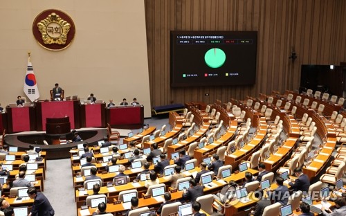 (서울=연합뉴스) 김주성 기자 = 지난해 8월 24일 국회 본회의에서 '노동조합 및 노동관계조정법 일부개정법률안(노란봉투법)'이 통과되고 있다. 2025.8.24 utzza@yna.co.kr