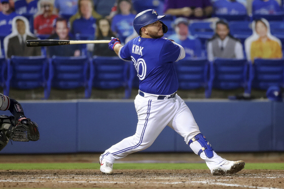 Toronto Blue Jays' Alejandro Kirk follows through on a two-run home run against the Atlanta Braves during the fifth inning of a baseball game Friday, April 30, 2021, in Dunedin, Fla. (AP Photo/Mike Carlson)/2021-05-01 10:24:28/