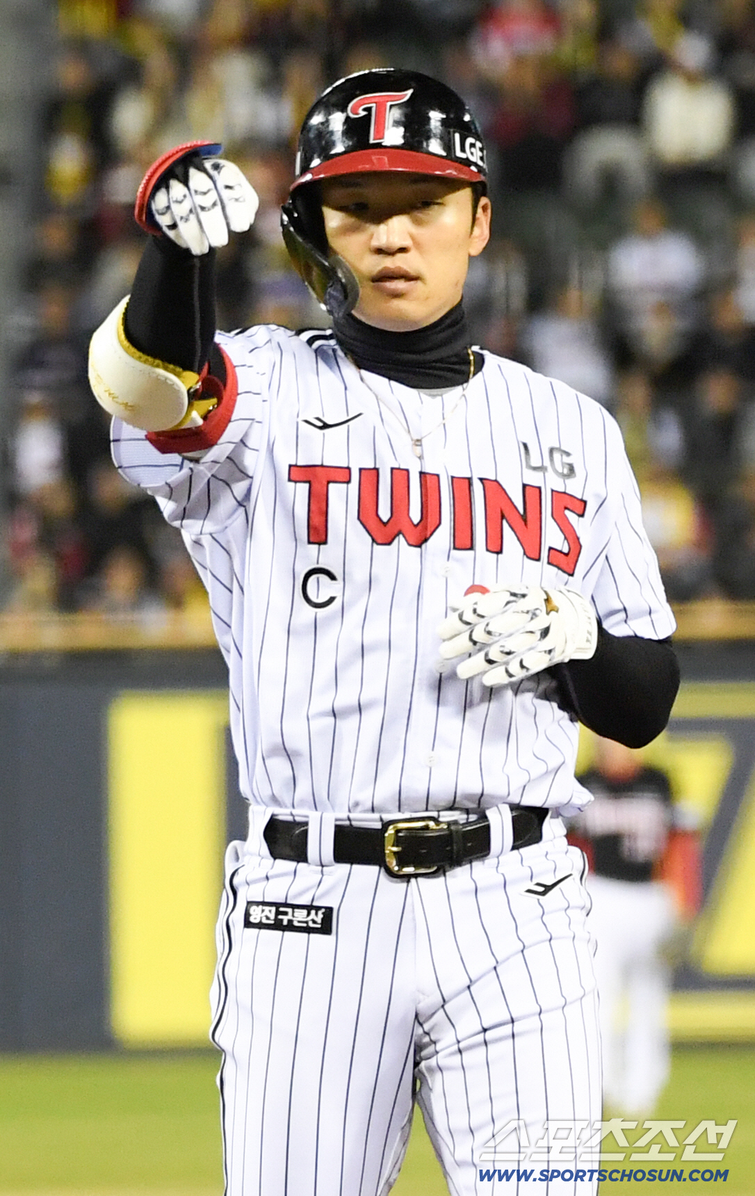 31일 잠실구장에서 열린 LG와 KIA의 경기. LG 박해민이 안타를 날린 뒤 환호하고 있다. 잠실=박재만 기자 pjm@sportschosun.com/2026.03.31/