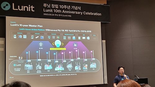 (서울=연합뉴스) 조현영 기자 = 서범석 루닛 대표가 24일 서울 강남구 루닛 본사에서 열린 창립 10주년 기자간담회에서 발표하고 있다. 2023.8.24 hyun0@yna.co.kr