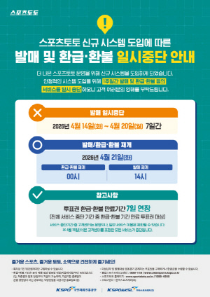 스포츠토토, 14일부터 ‘신규 시스템 도입’에 따른 발매 및 환급·환불 서비스 일시 중단
