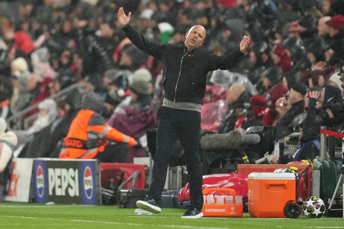 Liverpool's manager Arne Slot reacts during the Champions League quarterfinal second leg soccer match between Liverpool and Paris Saint-Germain in Liverpool, England, Tuesday, April 14, 2026. (AP Photo/Jon Super)