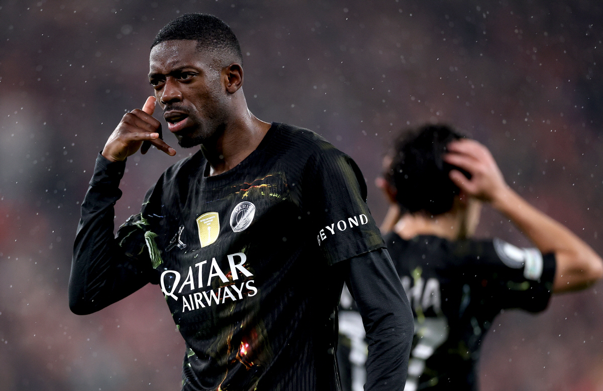 epa12890416 Ousmane Dembele of PSG celebratres after scoring the opening goal during the UEFA Champions League quarter-finals, 2nd leg match Liverpool FC against Paris Saint-Germain, in Liverpool, Britain, 14 April 2026. EPA/ADAM VAUGHAN