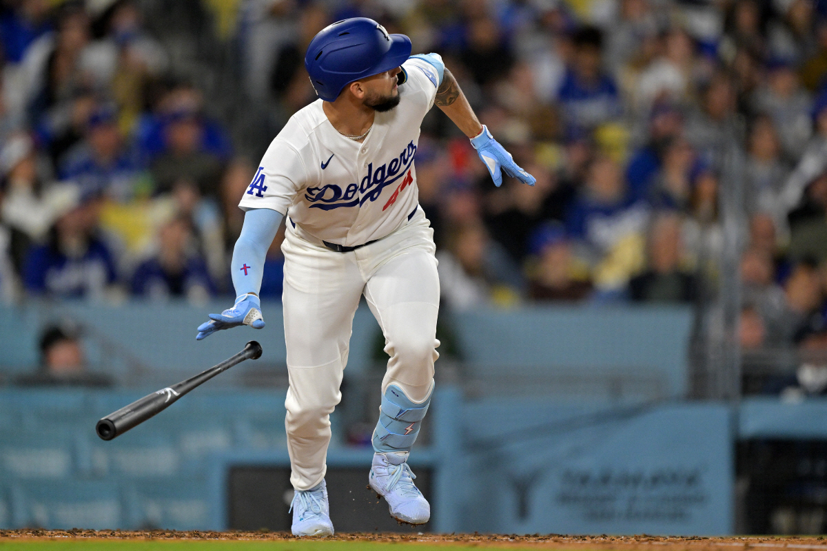 Apr 13, 2026; Los Angeles, California, USA; Los Angeles Dodgers center fielder Andy Pages (44) reacts after hitting a three run home run against the New York Mets during the third inning at Dodger Stadium. Mandatory Credit: Jayne Kamin-Oncea-Imagn Images