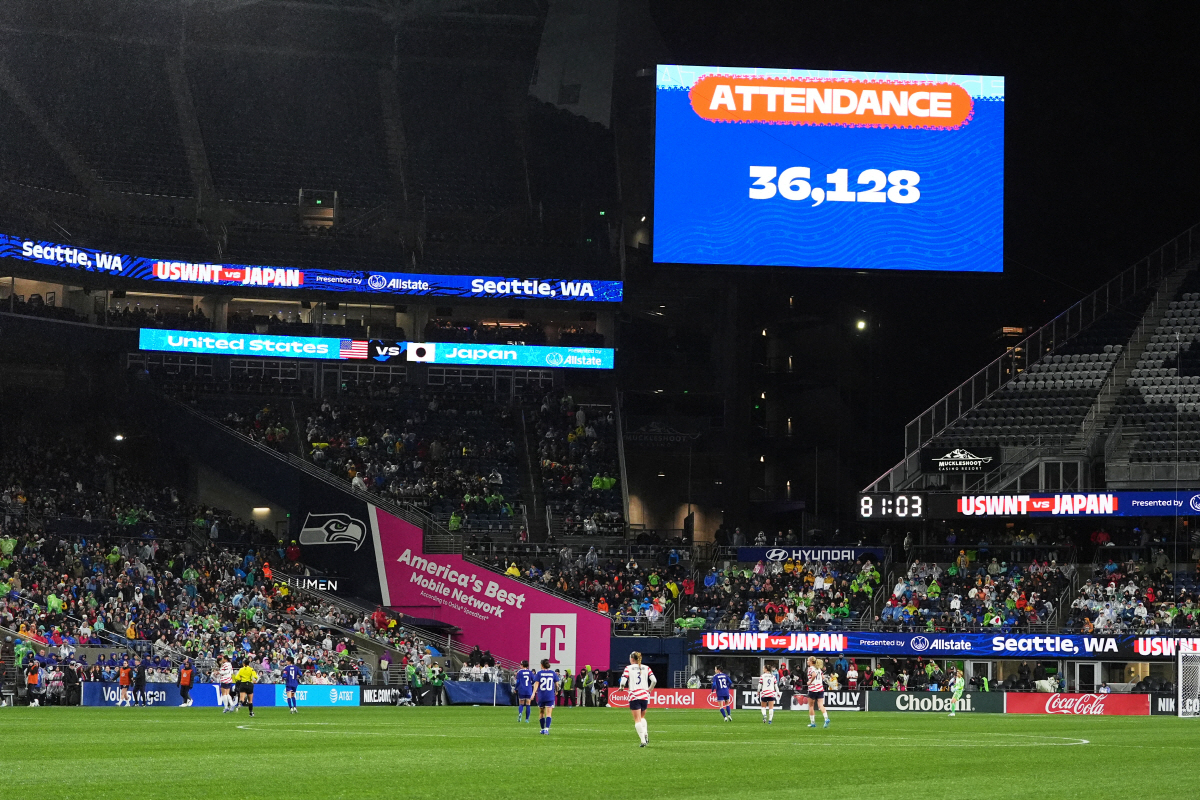 An attendance number is shown on the stadium screens at Lumen Field during the second half of an international friendly soccer match between the United States and Japan, Tuesday, April 14, 2026, in Seattle. (AP Photo/Lindsey Wasson)