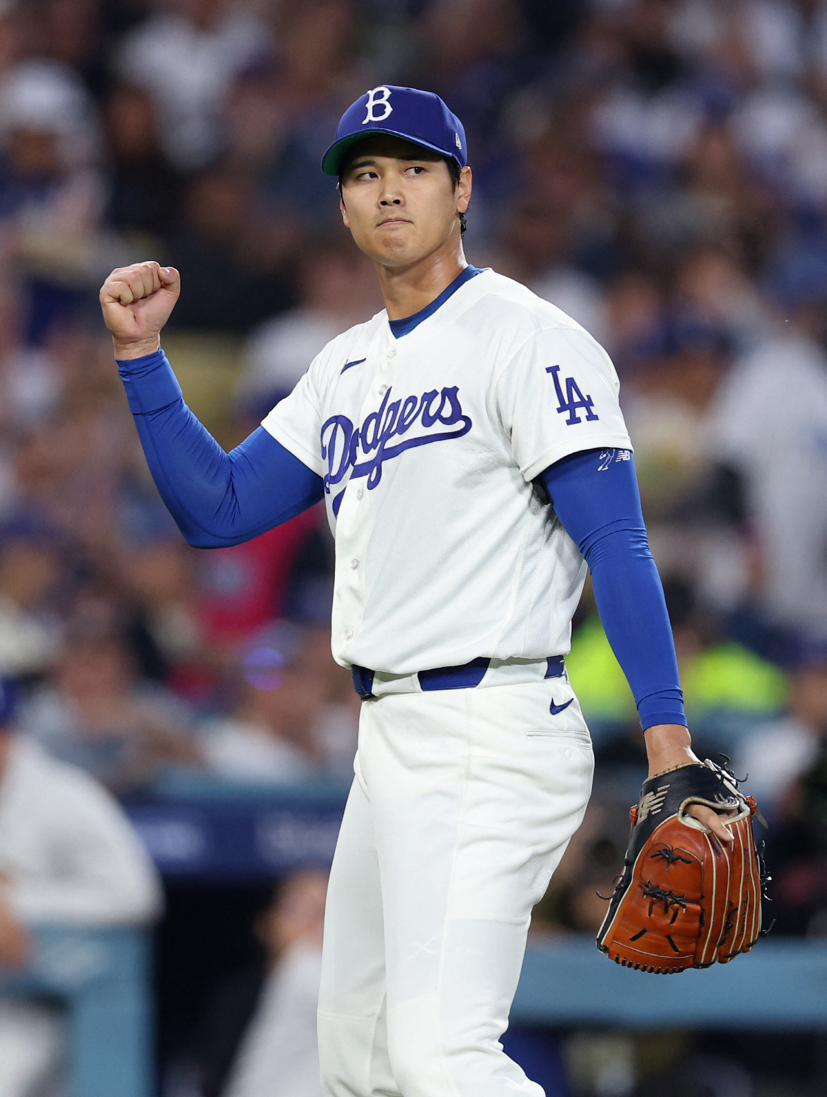 LOS ANGELES, CALIFORNIA - APRIL 15: Shohei Ohtani #17 of the Los Angeles Dodgers celebrates during the second inning against the New York Mets at Dodger Stadium on April 15, 2026 in Los Angeles, California. All players are wearing the number 42 in honor of Jackie Robinson Day. Luke Hales/Getty Images/AFP (Photo by Luke Hales / GETTY IMAGES NORTH AMERICA / Getty Images via AFP)