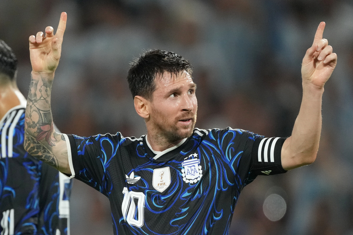 Argentina's Lionel Messi celebrates scoring his side's second goal against Zambia during a friendly soccer match in Buenos Aires, Argentina, Tuesday, March 31, 2026. (AP Photo/Gustavo Garello)