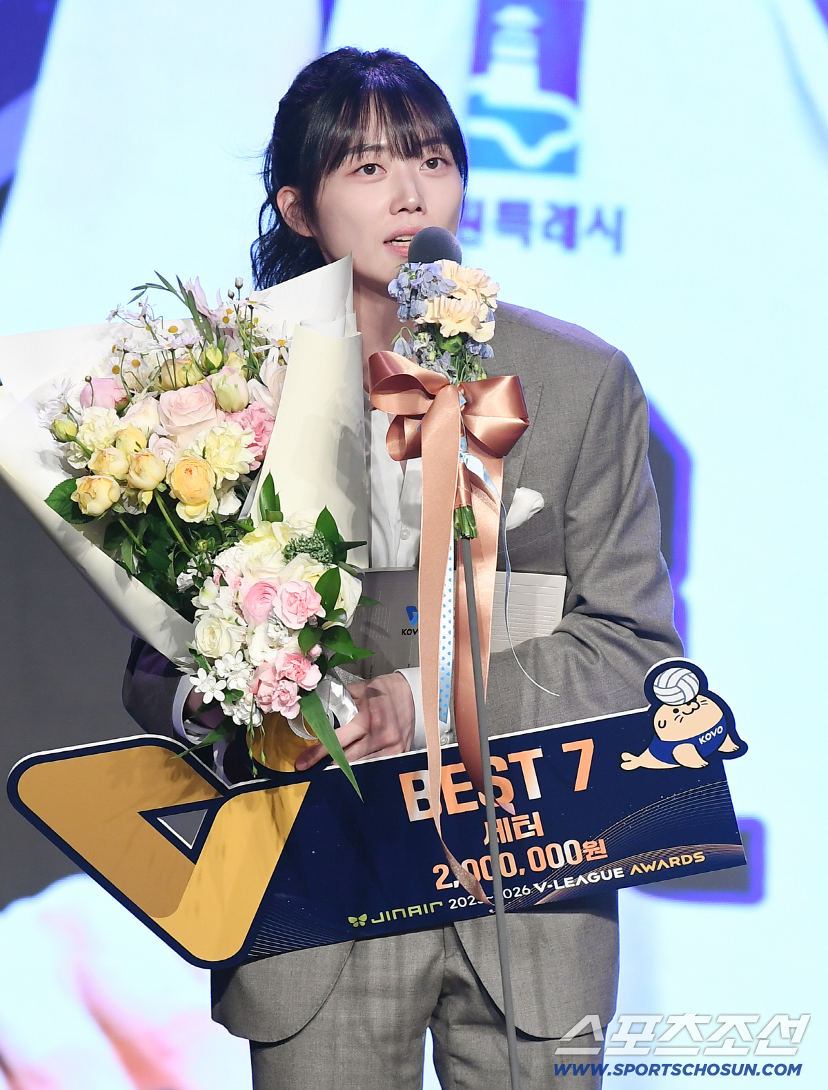 진에어 2025-2026 V리그 시상식이 13일 오후 서울 광진구 비스타워커힐서울에서 열렸다. 베스트7에 선정된 김다인이 수상 소감을 말하고 있다. 정재근 기자 cjg@sportschosun.com/2026.4.13/