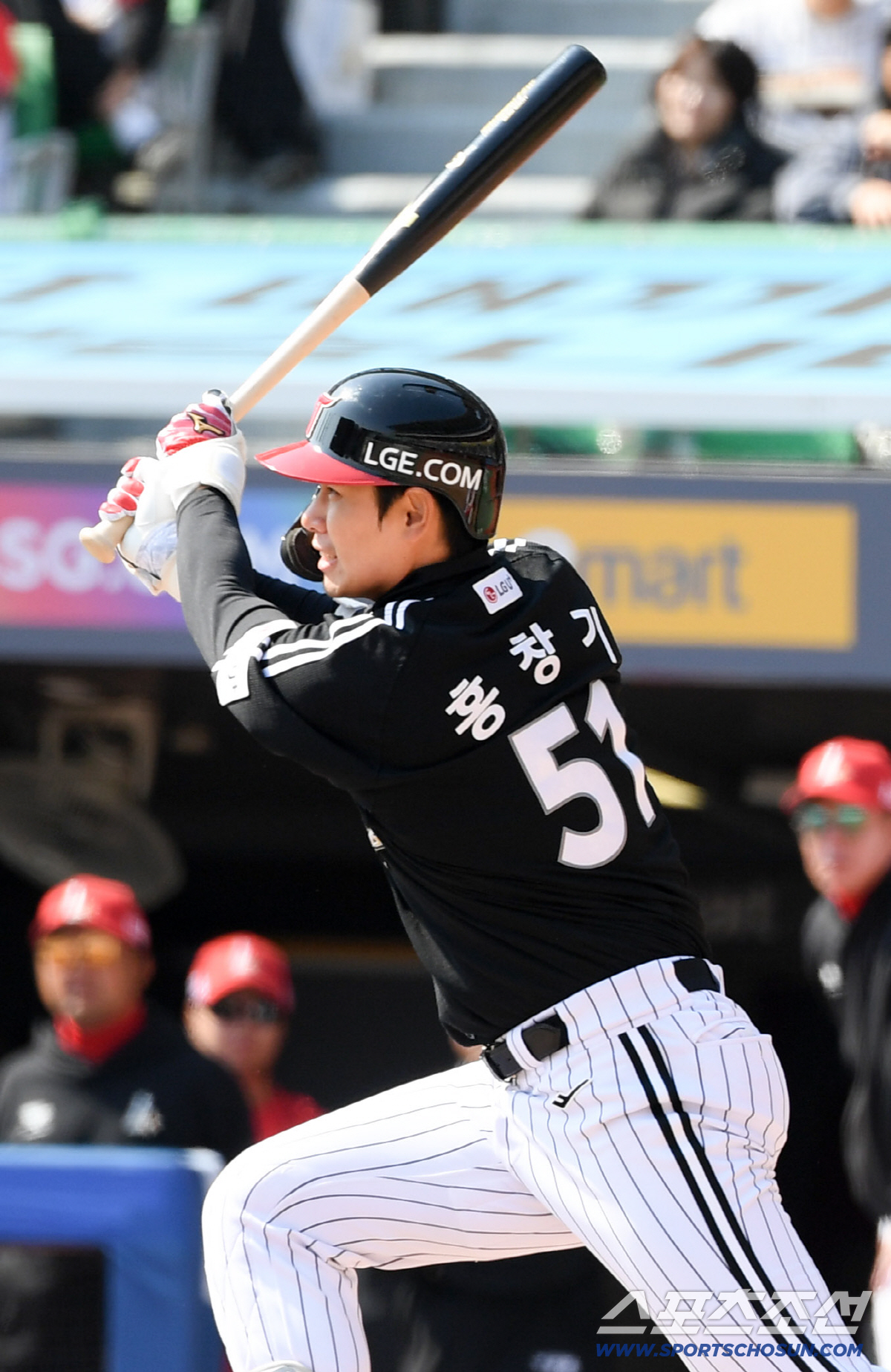 20일 인천SSG랜더스필드에서 열린 SSG 랜더스와 LG 트윈스의 시범경기. 5회초 2사 만루 LG 홍창기가 안타를 날리고 있다. 인천=박재만 기자 pjm@sportschosun.com/2026.03.20/