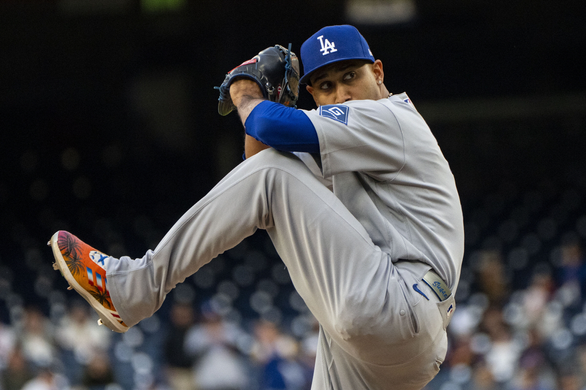 Los Angeles pitcher Edwin Diaz (3) pitches in the bottom of the ninth inning during a game against the Washington Nationals at Nationals Park in Washington, DC on Sunday, April 5, 2026. Photo by Bonnie Cash/UPI