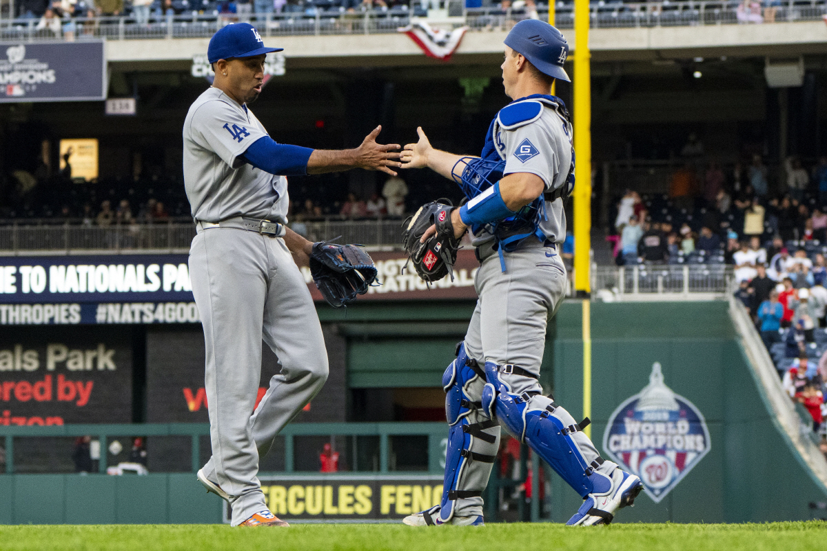 Los Angeles Dodgers pitcher Edwin Diaz (3) shakes hand with catcher Will Smith (16) after a game against the Washington Nationals at Nationals Park in Washington, DC on Sunday, April 5, 2026. The Dodgers beat the Nationals 8-6. Photo by Bonnie Cash/UPI Photo by Bonnie Cash/UPI