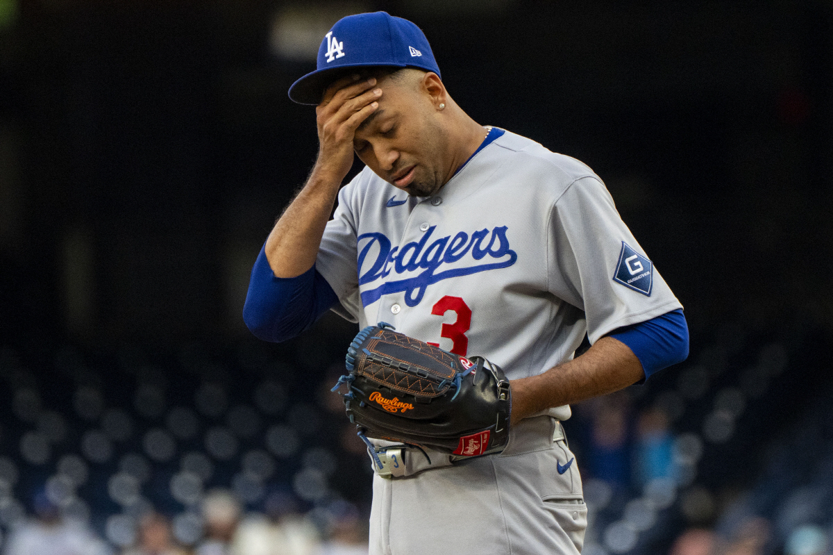 Los Angeles pitcher Edwin Diaz (3) reacts in the bottom of the ninth inning during a game against the Washington Nationals at Nationals Park in Washington, DC on Sunday, April 5, 2026. Photo by Bonnie Cash/UPI