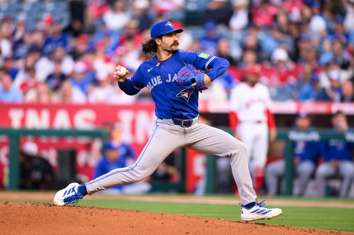 Apr 20, 2026; Anaheim, California, USA; Toronto Blue Jays pitcher Dylan Cease (84) delivers during the first inning against the Los Angeles Angels at Angel Stadium. Mandatory Credit: William Liang-Imagn Images