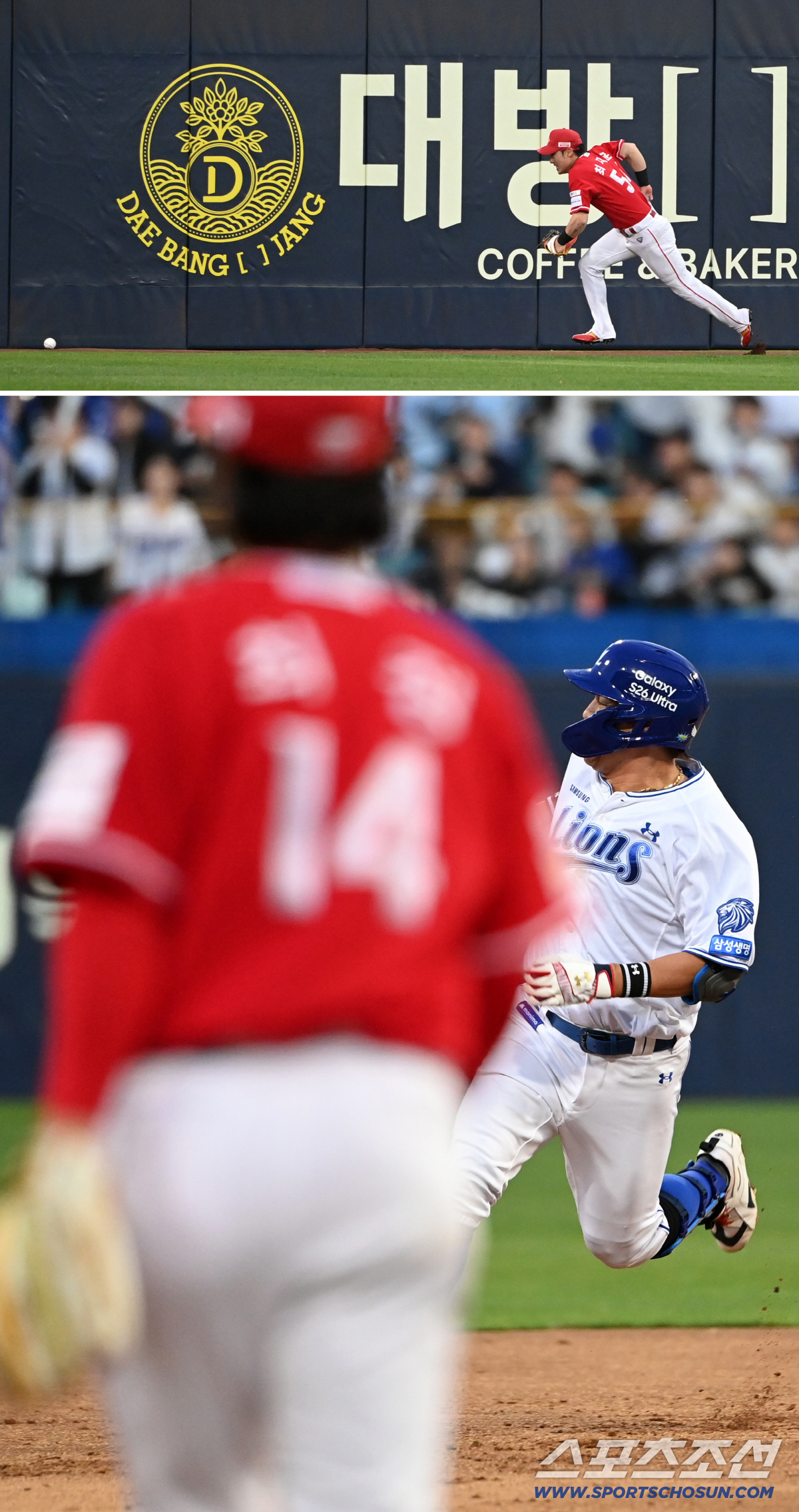 펜스에 맞고 튀어나온 타구, 이를 확인한 강민호가 3루로 방향을 틀었다