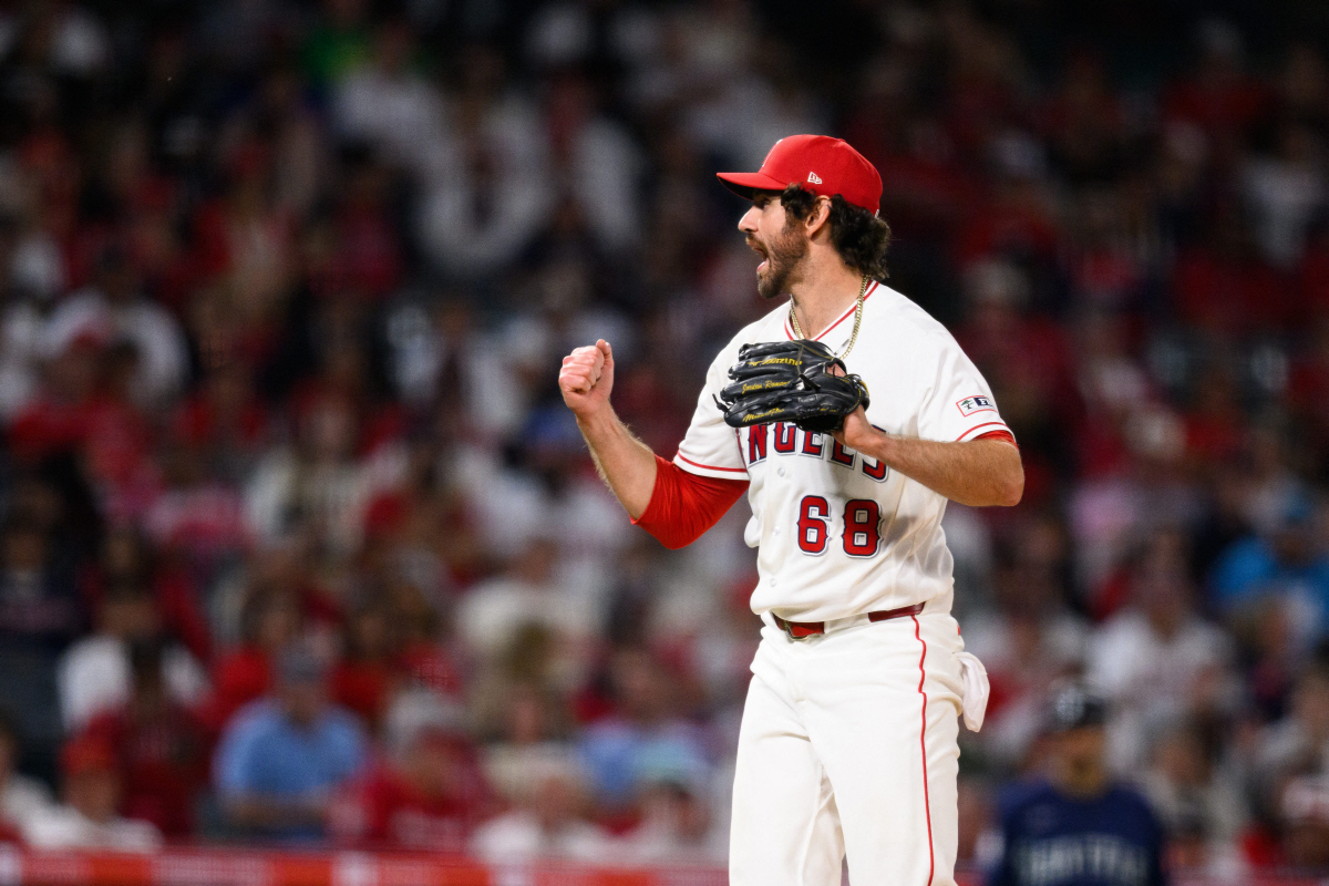 Apr 3, 2026; Anaheim, California, USA; Los Angeles Angels pitcher Jordan Romano (68) gestures during the ninth inning against the Seattle Mariners at Angel Stadium. Mandatory Credit: William Liang-Imagn Images