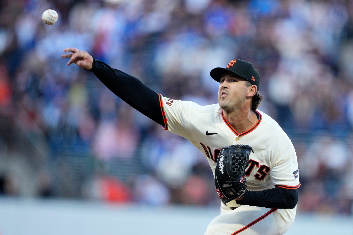 San Francisco Giants pitcher Tyler Mahle throws to a Los Angeles Dodgers batter during the first inning of a baseball game Wednesday, April 22, 2026, in San Francisco. (AP Photo/Tony Avelar)