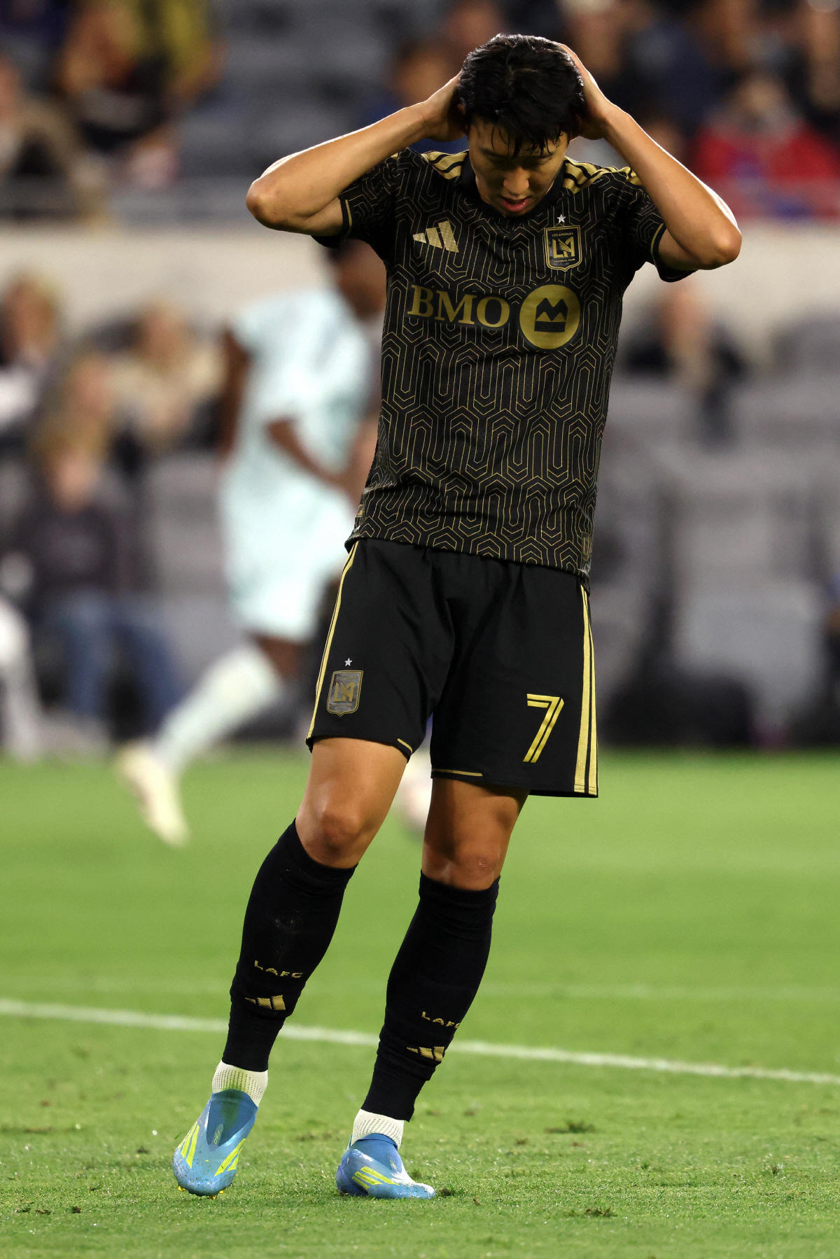 Apr 22, 2026; Los Angeles, California, USA; LAFC forward Son Heung-Min (7) reacts for a play during the first half against the Colorado Rapids at BMO Stadium. Mandatory Credit: Kiyoshi Mio-Imagn Images