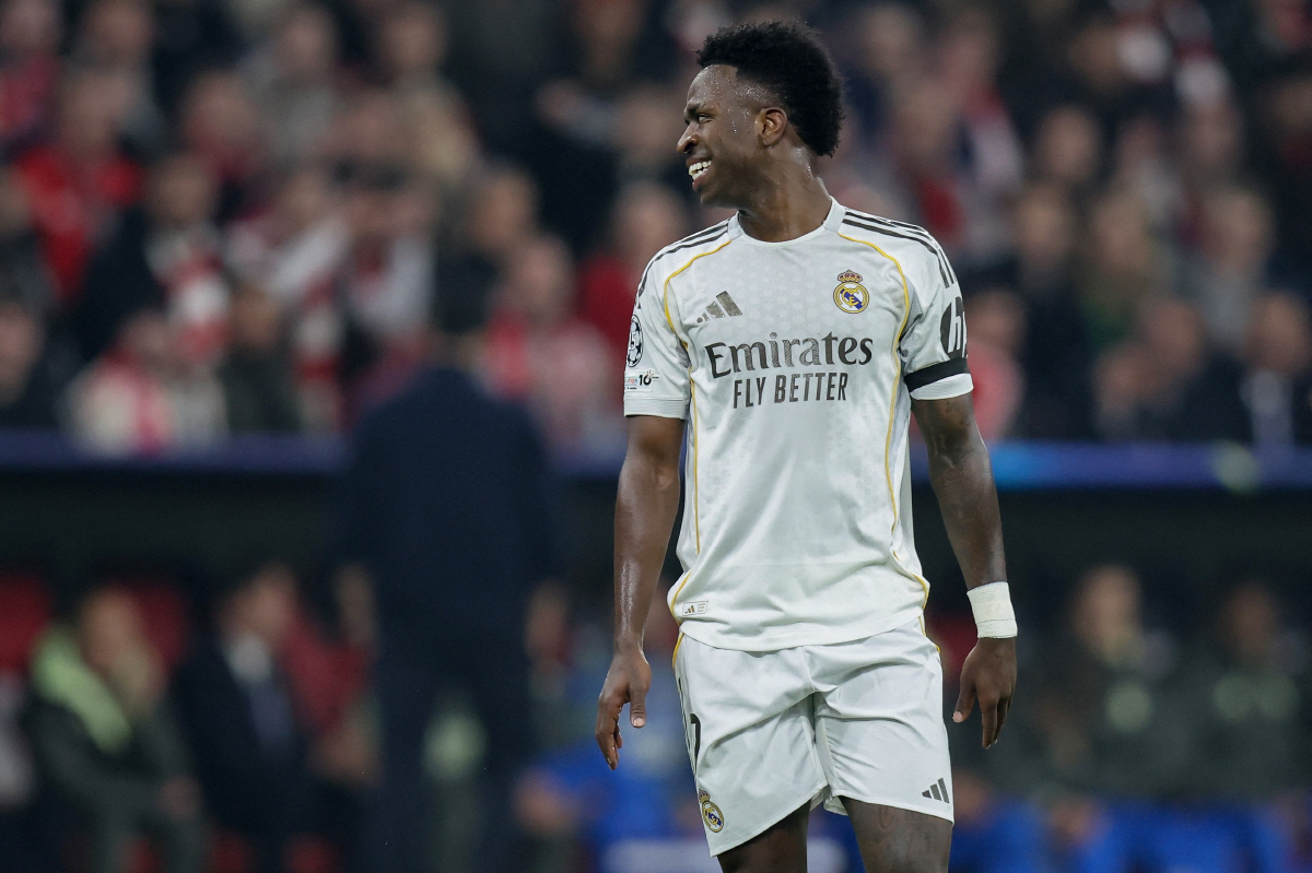 Real Madrid's Brazilian forward #07 Vinicius Junior reacts during the UEFA Champions League quarter-final second leg football match between FC Bayern Munich and Real Madrid in Munich, southern Germany, on April 15, 2026. (Photo by Alexandra BEIER / AFP)