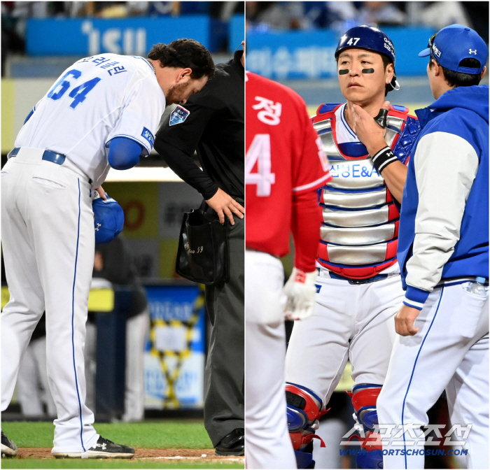 강민호 목 강타한 오러클린, 걱정 가득한 눈빛...미안함과 고마움 담은 목례