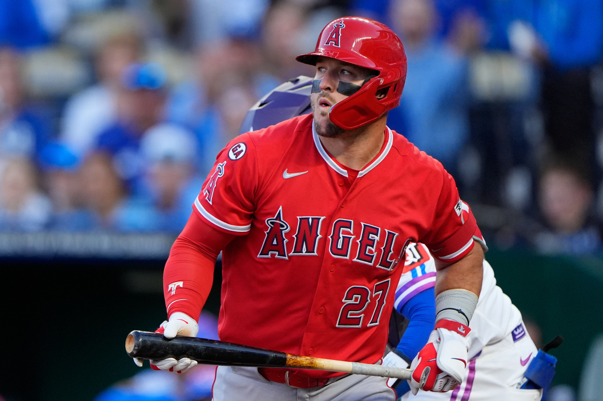 Los Angeles Angels' Mike Trout walks to the dugout after striking out during the fourth inning of a baseball game against the Kansas City Royals, Friday, April 24, 2026, in Kansas City, Mo. (AP Photo/Charlie Riedel)