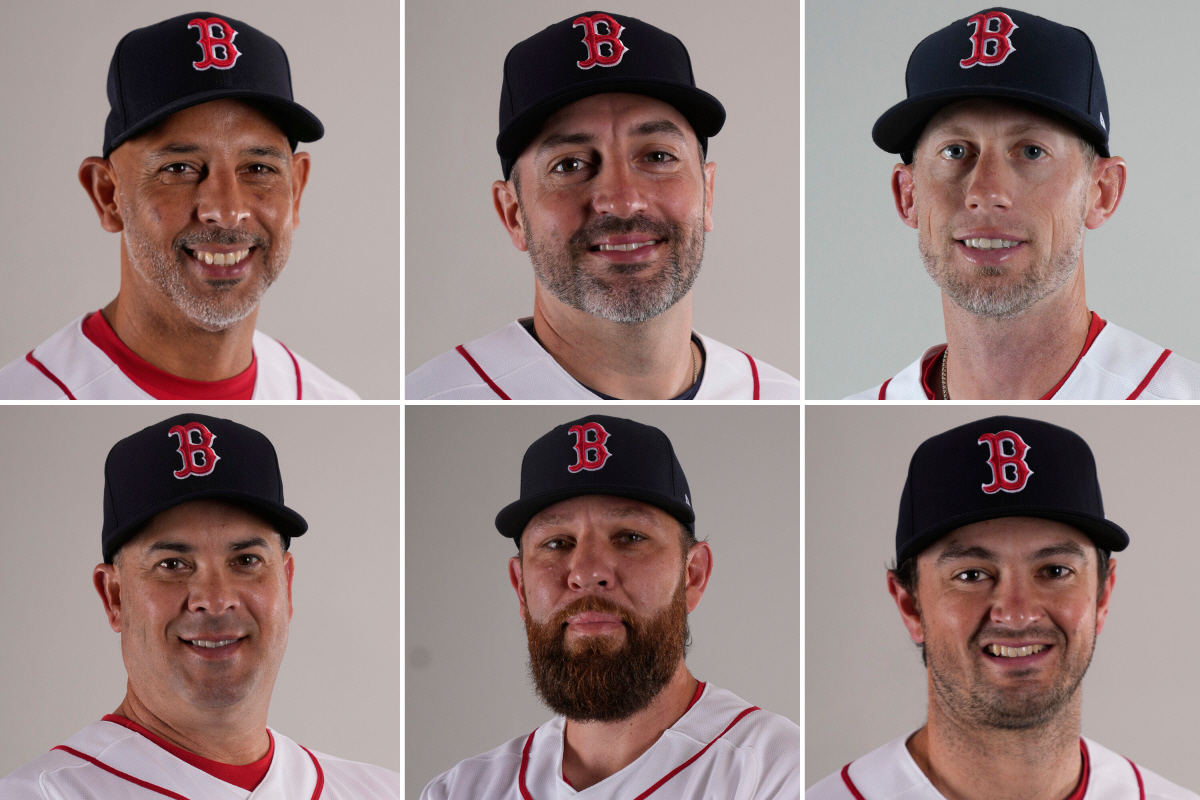 FILE - This combo of 2026 file photos shows, from top row left, Boston Red Sox manager Alex Cora, hitting coach Peter Fatse, third-base coach Kyle Hudson, bottom row from left, bench coach Ramon Vazquez, assistant hitting coach Dillon Lawson, and hitting strategy coach Joe Cronin. (AP Photo/Gerald Herbert, File) COMBO OF 2026 FILE PHOTOS