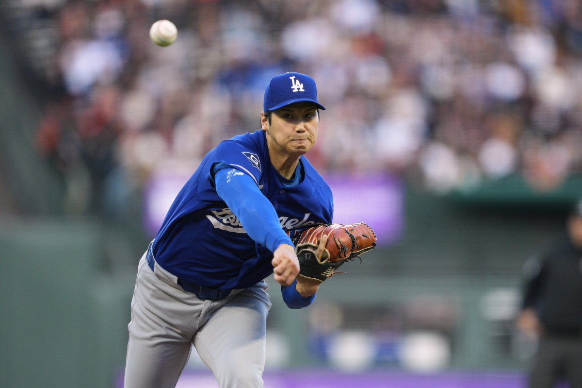 Los Angeles Dodgers pitcher Shohei Ohtani throws to a San Francisco Giants batter during the second inning of a baseball game Wednesday, April 22, 2026, in San Francisco. (AP Photo/Tony Avelar)