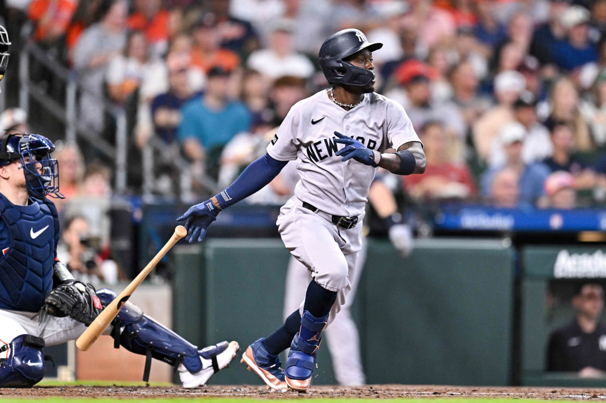 HOUSTON, TEXAS - APRIL 26: Jazz Chisholm Jr. #13 of the New York Yankees hits a single in the second inning against the Houston Astros at Daikin Park on April 26, 2026 in Houston, Texas. Maria Lysaker/Getty Images/AFP (Photo by Maria Lysaker / GETTY IMAGES NORTH AMERICA / Getty Images via AFP)