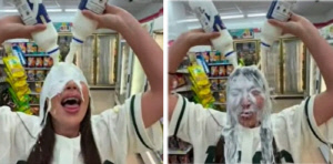 편의점서 얼굴에 과자·우유 붓는 영상 논란…"도대체 왜 그럴까?"