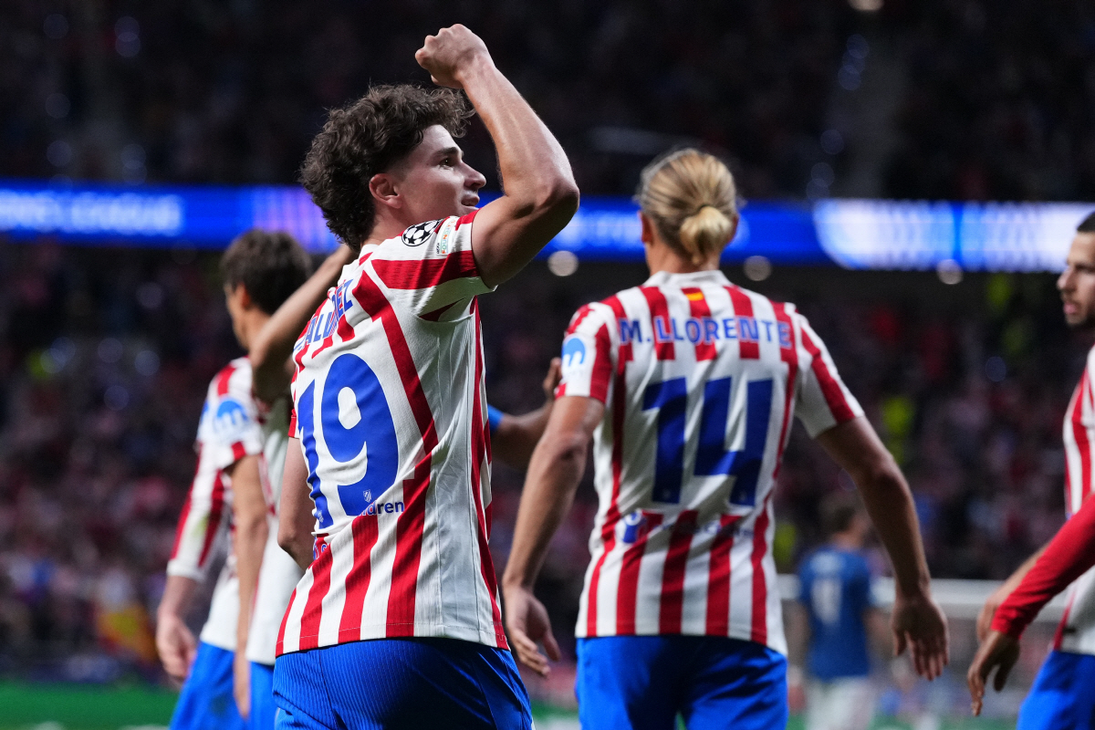 Atletico Madrid's Julian Alvarez celebrates after scoring his sides first goal during a Champions League semifinal, first leg, soccer match between Atletico Madrid and Arsenal in Madrid, Spain, Wednesday, April 29, 2026. (AP Photo/Manu Fernandez)