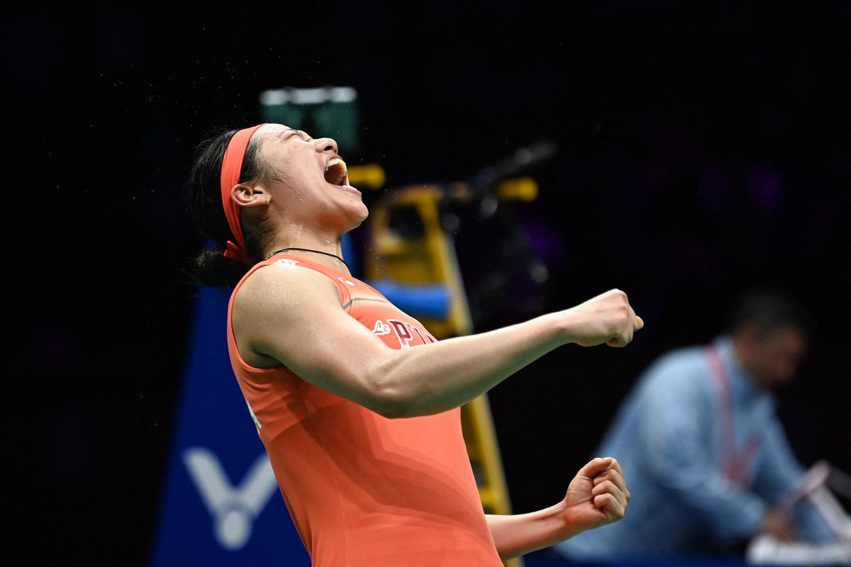 South Korea's An Se-young celebrates after defeating China's Wang Zhiyi in the women's singles final match at the Badminton Asia Championship in Ningbo, eastern China's Zhejiang province on April 12, 2026. (Photo by CN-STR / AFP) / China OUT