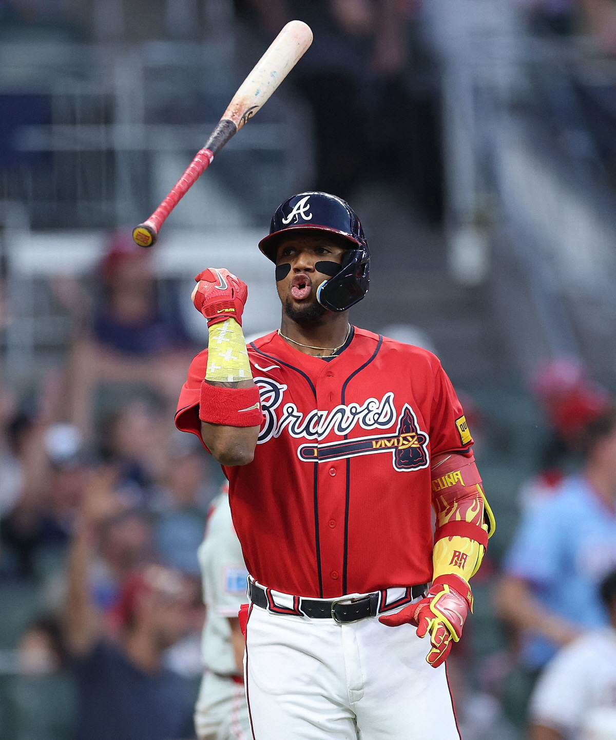 ATLANTA, GEORGIA - APRIL 24: Ronald Acuna Jr. #13 of the Atlanta Braves reacts after hitting a two-run homer in the third inning against the Philadelphia Phillies at Truist Park on April 24, 2026 in Atlanta, Georgia. Kevin C. Cox/Getty Images/AFP (Photo by Kevin C. Cox / GETTY IMAGES NORTH AMERICA / Getty Images via AFP)