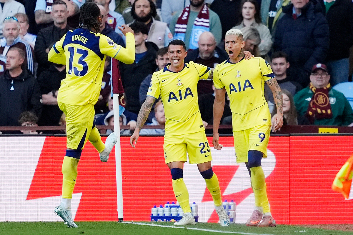 Tottenham's Richarlison, right, celebrates scoring their side's second goal during the English Premier League soccer match between Aston Villa and Tottenham Hotspur in Birmingham, England, Sunday, May 3, 2026. (Nigel French/PA via AP) UNITED KINGDOM OUT; NO SALES; NO ARCHIVE; PHOTOGRAPH MAY NOT BE STORED OR USED FOR MORE THAN 14 DAYS AFTER THE DAY OF TRANSMISSION; MANDATORY CREDIT