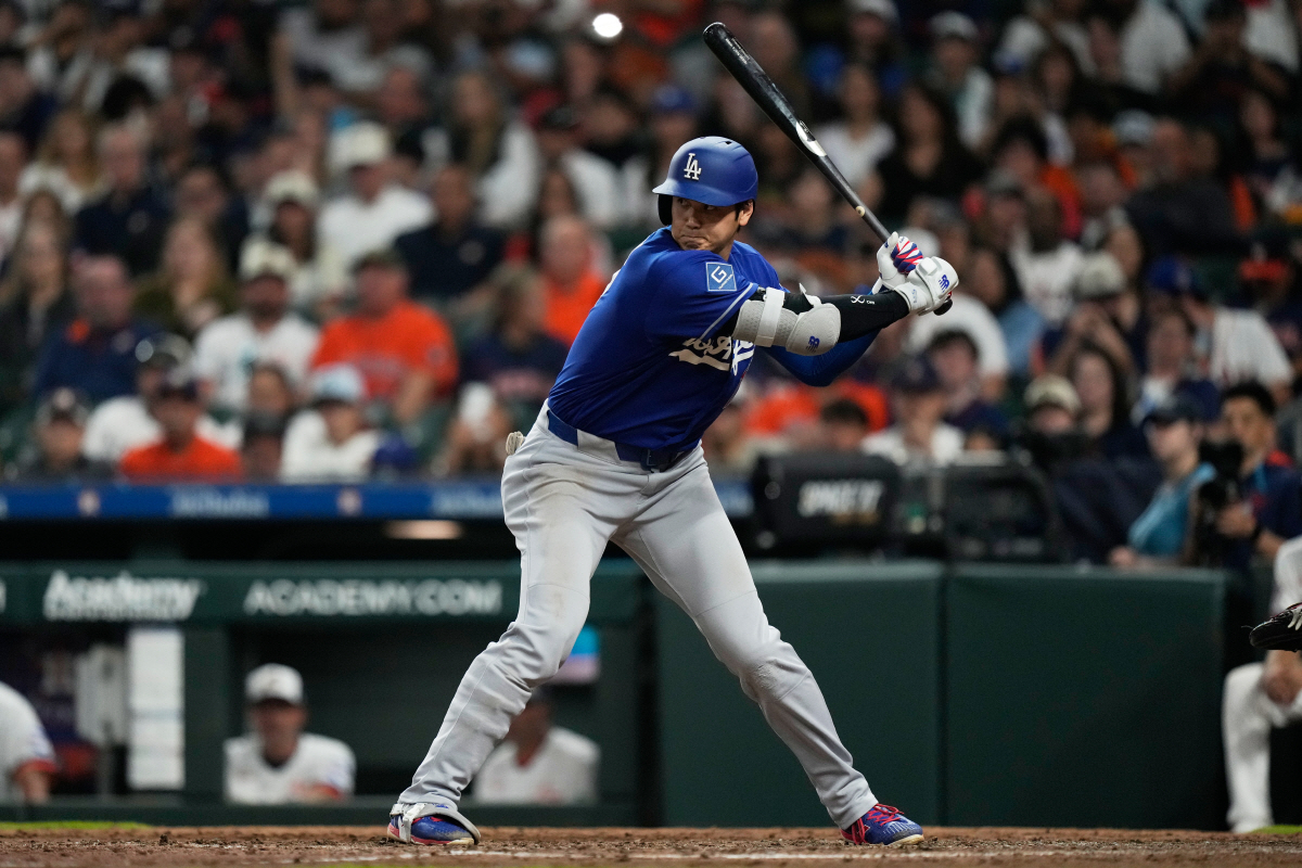 Los Angeles Dodgers designated hitter Shohei Ohtani flies out during the seventh inning of a baseball game against the Houston Astros in Houston, Monday, May 4, 2026. (AP Photo/Ashley Landis)