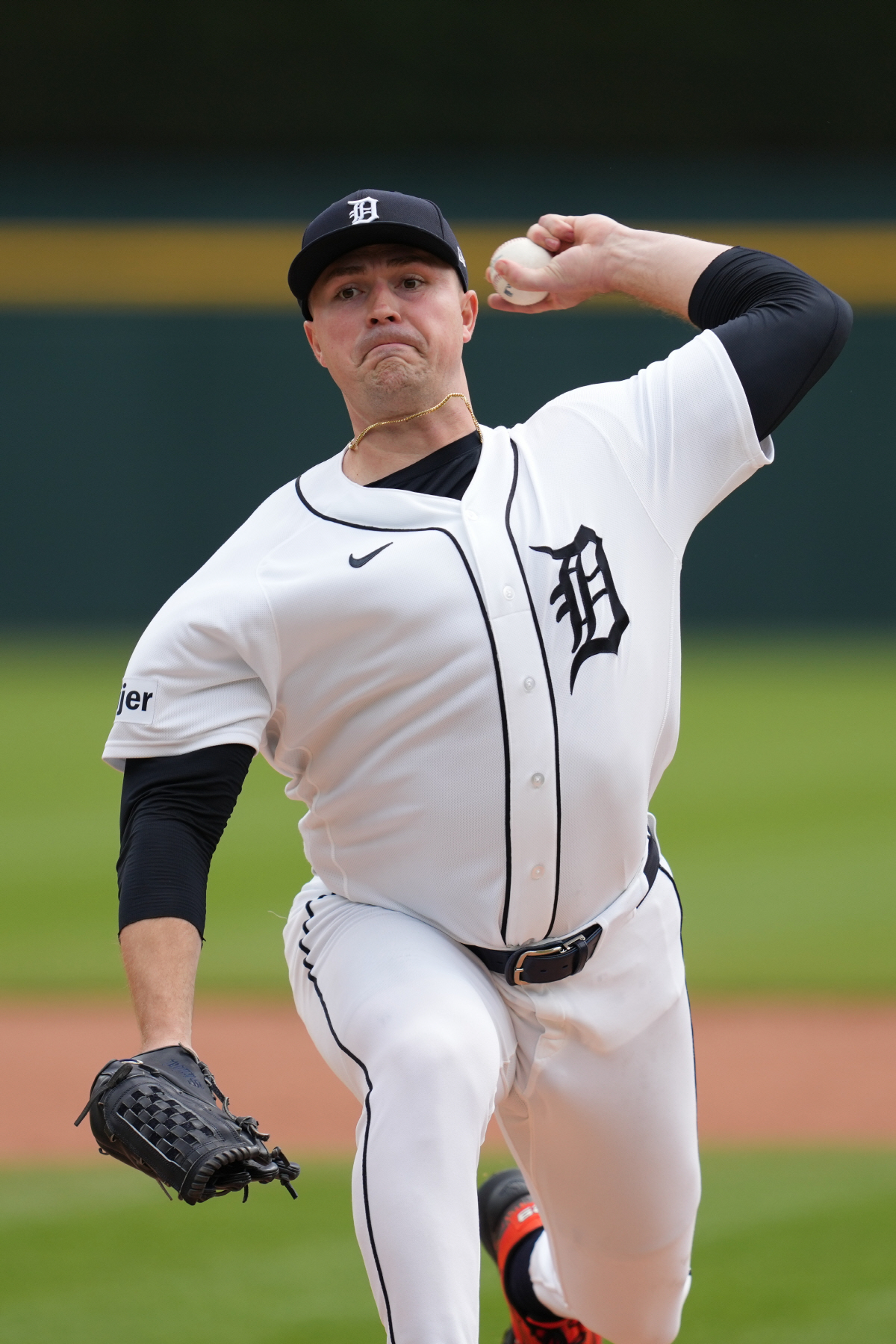Detroit Tigers pitcher Tarik Skubal throws a warmup pitch against the Miami Marlins during the first inning of a baseball game Sunday, April 12, 2026, in Detroit. (AP Photo/Paul Sancya)