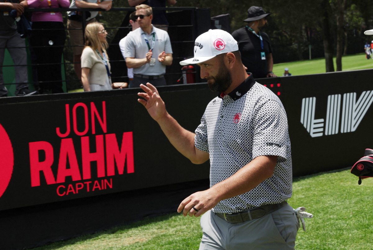 Golf - LIV Golf Mexico - Club de Golf Chapultepec, Mexico City, Mexico - April 17, 2026 Legion XIII's Jon Rahm waves at fans during the second round REUTERS/Henry Romero