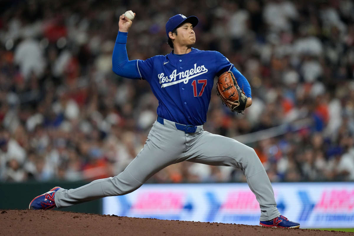 Los Angeles Dodgers starting pitcher Shohei Ohtani throws during the second inning of a baseball game against the Houston Astros in Houston, Tuesday, May 5, 2026. (AP Photo/Ashley Landis)