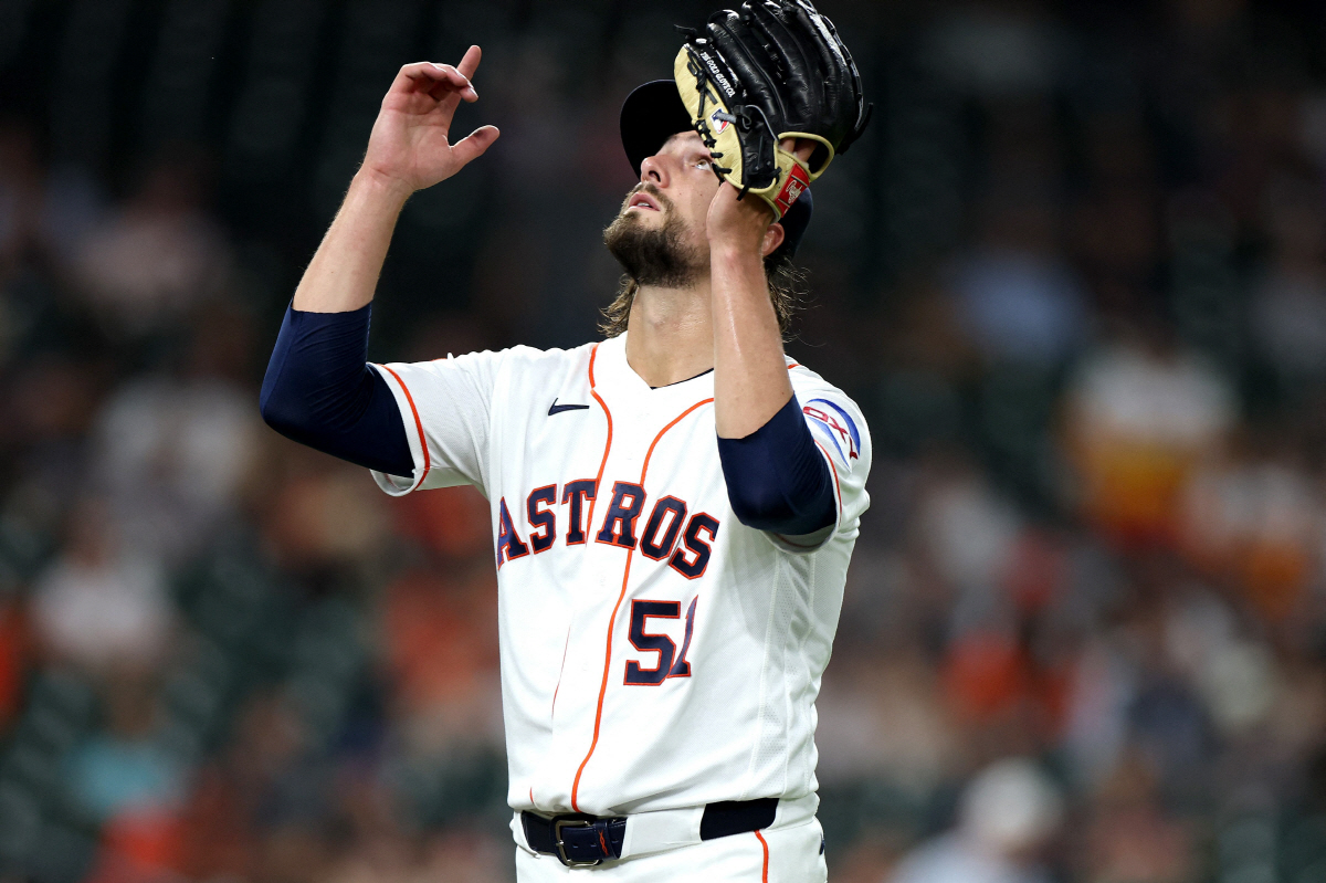 HOUSTON, TEXAS - APRIL 16: Ryan Weiss #51 of the Houston Astros reacts after being retired in the fourth inning against the Colorado Rockies at Daikin Park on April 16, 2026 in Houston, Texas. Kenneth Richmond/Getty Images/AFP (Photo by Kenneth Richmond / GETTY IMAGES NORTH AMERICA / Getty Images via AFP)