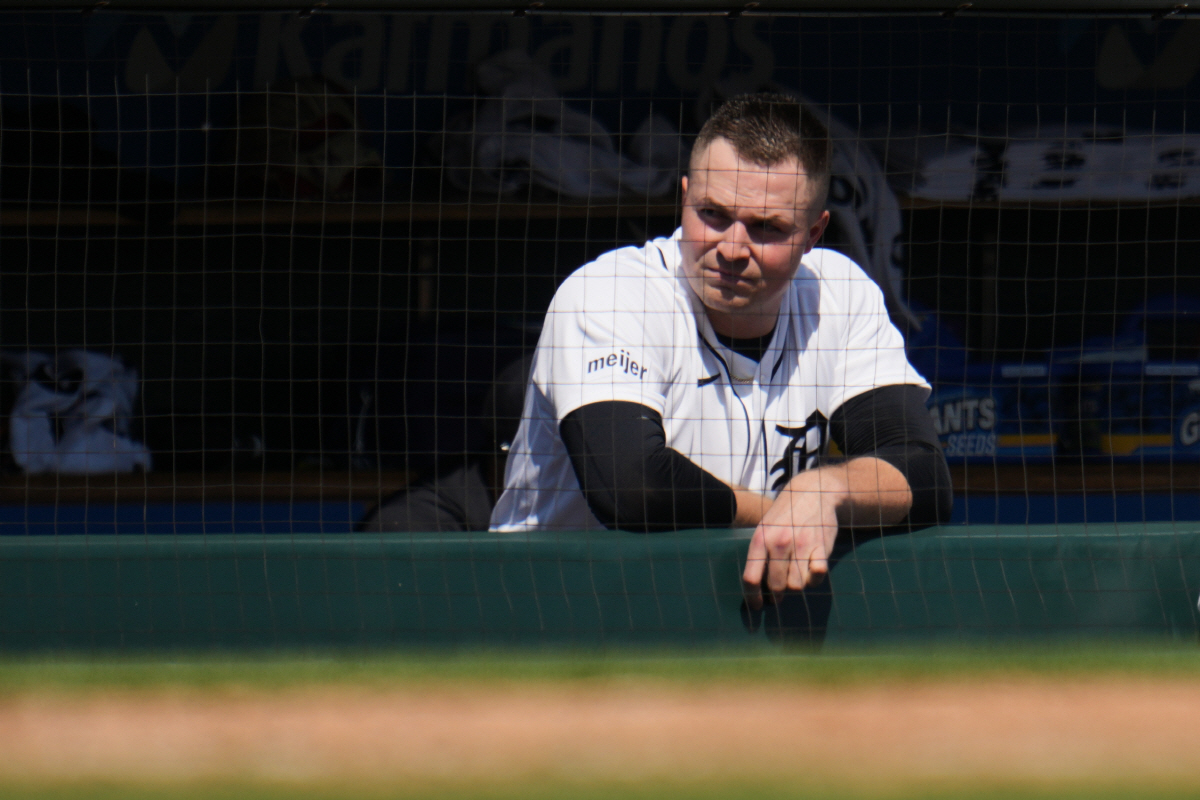 Detroit Tigers pitcher Tarik Skubal watches from the dugout after being pulled against the Milwaukee Brewers during the seventh inning of a baseball game Thursday, April 23, 2026, in Detroit. (AP Photo/Paul Sancya)