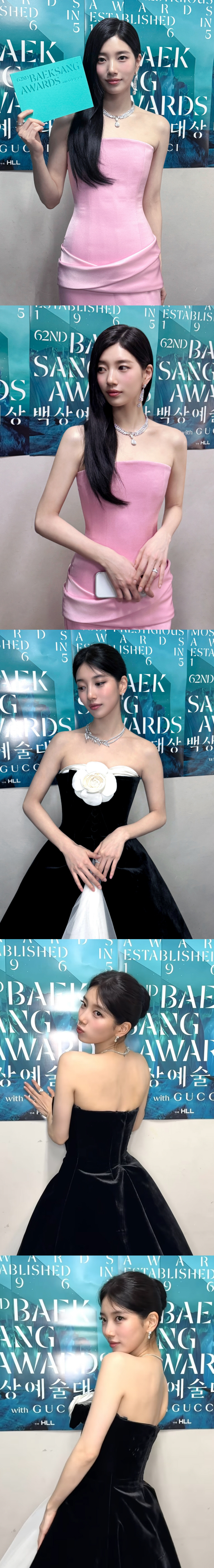 '뼈말라' 수지, 핑크vs블랙 드레스로 반전 매력 "우아함+분위기+존재감 완벽"