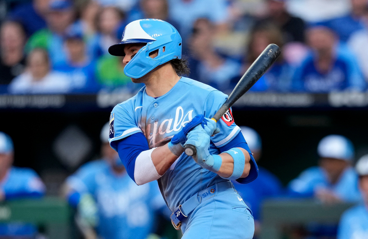 KANSAS CITY, MISSOURI - MAY 09: Bobby Witt Jr. #7 of the Kansas City Royals hits a single during the third inning against the Detroit Tigers at Kauffman Stadium on May 09, 2026 in Kansas City, Missouri. Jay Biggerstaff/Getty Images/AFP (Photo by Jay Biggerstaff / GETTY IMAGES NORTH AMERICA / Getty Images via AFP)