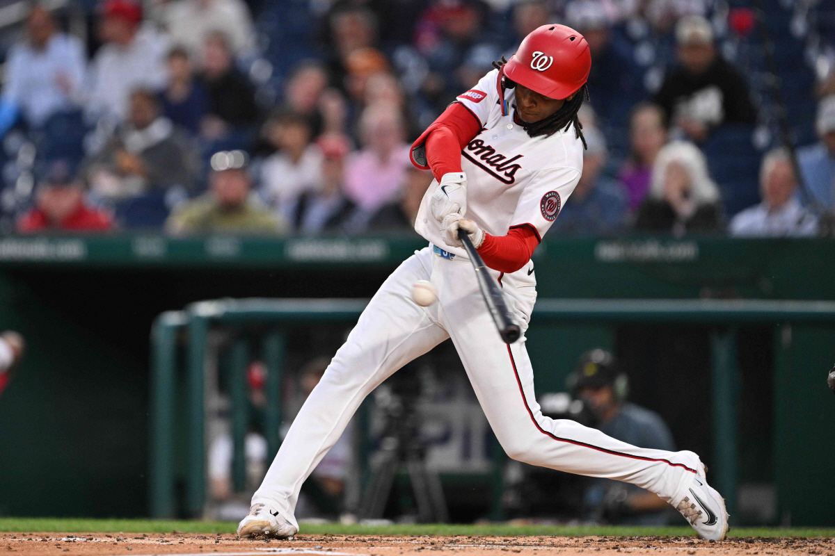 WASHINGTON, DC - MAY 06: CJ Abrams #5 of the Washington Nationals hits an RBI double in the fourth inning against the Minnesota Twins at Nationals Park on May 06, 2026 in Washington, DC. Jamie Sabau/Getty Images/AFP (Photo by Jamie Sabau / GETTY IMAGES NORTH AMERICA / Getty Images via AFP)