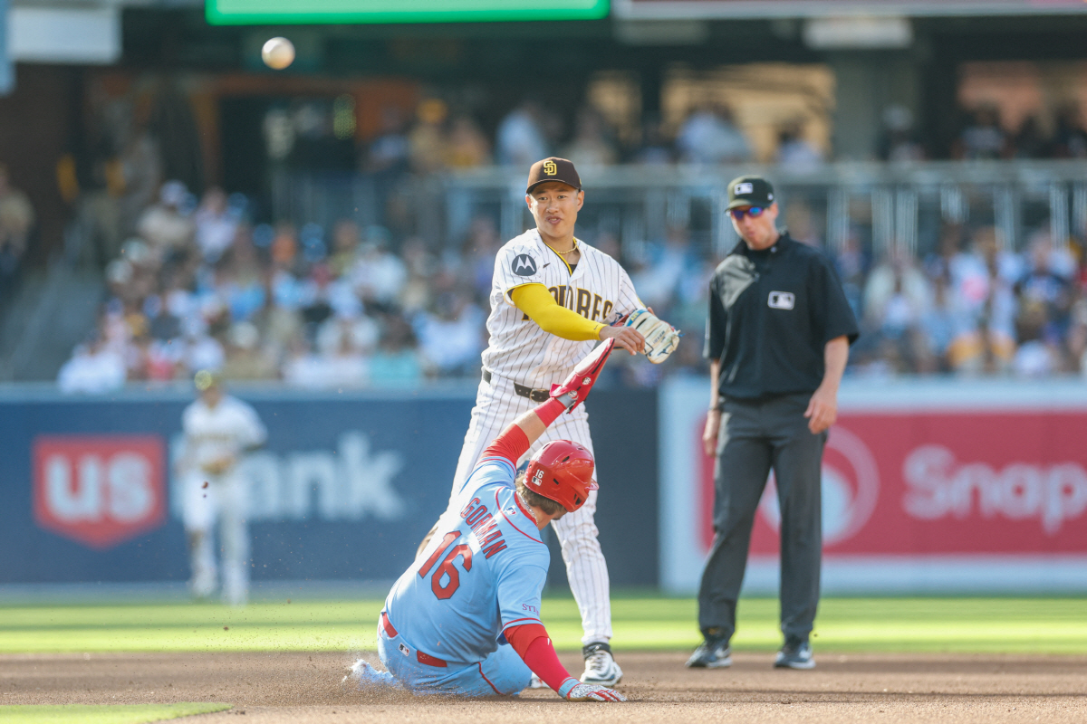 May 9, 2026; San Diego, California, USA; San Diego Padres second baseman Sung-Mun Song (24) throws to first base to complete the double play during the fourth inning against the St. Louis Cardinals at Petco Park. Mandatory Credit: David Frerker-Imagn Images