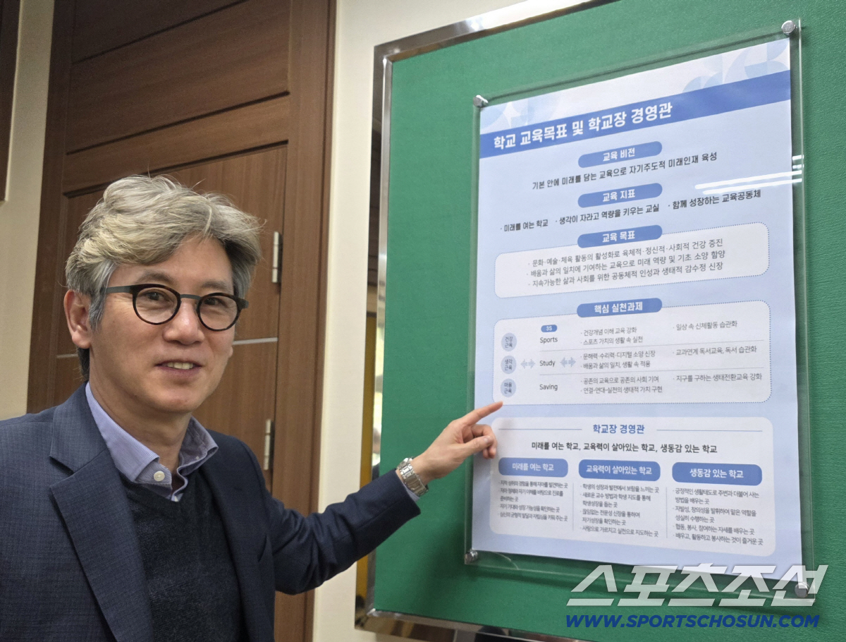 오정훈 대한체육회 학교체육위원장(구룡중 교장)이 '스포츠는 밥'이라는 슬로건과 함께 학교교육 실천 과제 3S, 스포츠(Sports·건강, 신체 교육) 스터디(Study·학습, 독서 교육) 세이빙(Saving·생태, 공존 교육)을 설명하고 있다.