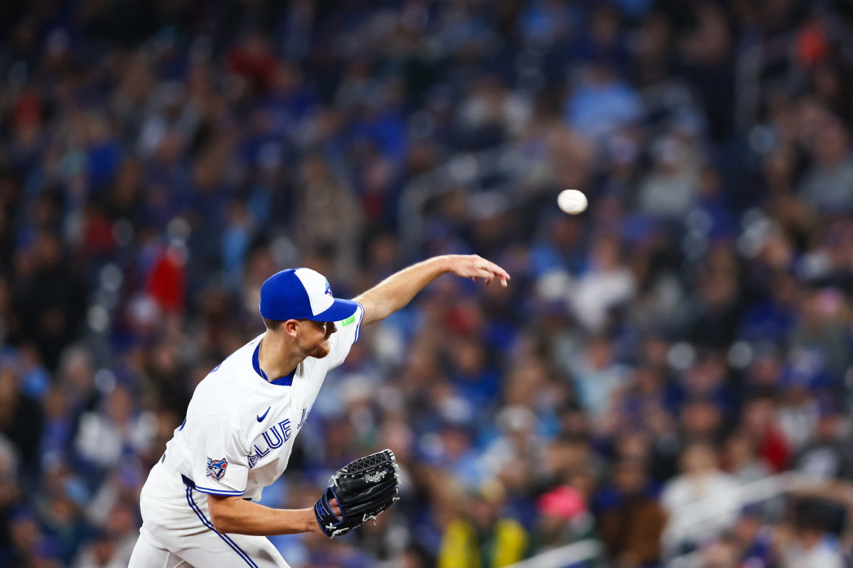 TORONTO, CANADA - MARCH 29: Eric Lauer #56 of the Toronto Blue Jays pitches in the first inning of their MLB game against the Athletics at Rogers Centre on March 29, 2026 in Toronto, Ontario, Canada. Cole Burston/Getty Images/AFP (Photo by Cole Burston / GETTY IMAGES NORTH AMERICA / Getty Images via AFP)