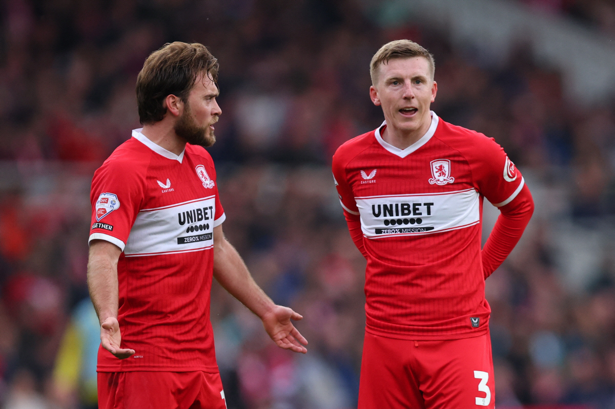 Soccer Football - Championship - Championship - Play Offs - Semi-finals - First Leg - Middlesbrough v Southampton - Riverside Stadium, Middlesbrough, Britain - May 9, 2026 Middlesbrough's Matt Targett and Aidan Morris react Action Images/Craig Brough EDITORIAL USE ONLY. NO USE WITH UNAUTHORIZED AUDIO, VIDEO, DATA, FIXTURE LISTS, CLUB/LEAGUE LOGOS OR 'LIVE' SERVICES. ONLINE IN-MATCH USE LIMITED TO 120 IMAGES, NO VIDEO EMULATION. NO USE IN BETTING, GAMES OR SINGLE CLUB/LEAGUE/PLAYER PUBLICATIONS. PLEASE CONTACT YOUR ACCOUNT REPRESENTATIVE FOR FURTHER DETAILS..