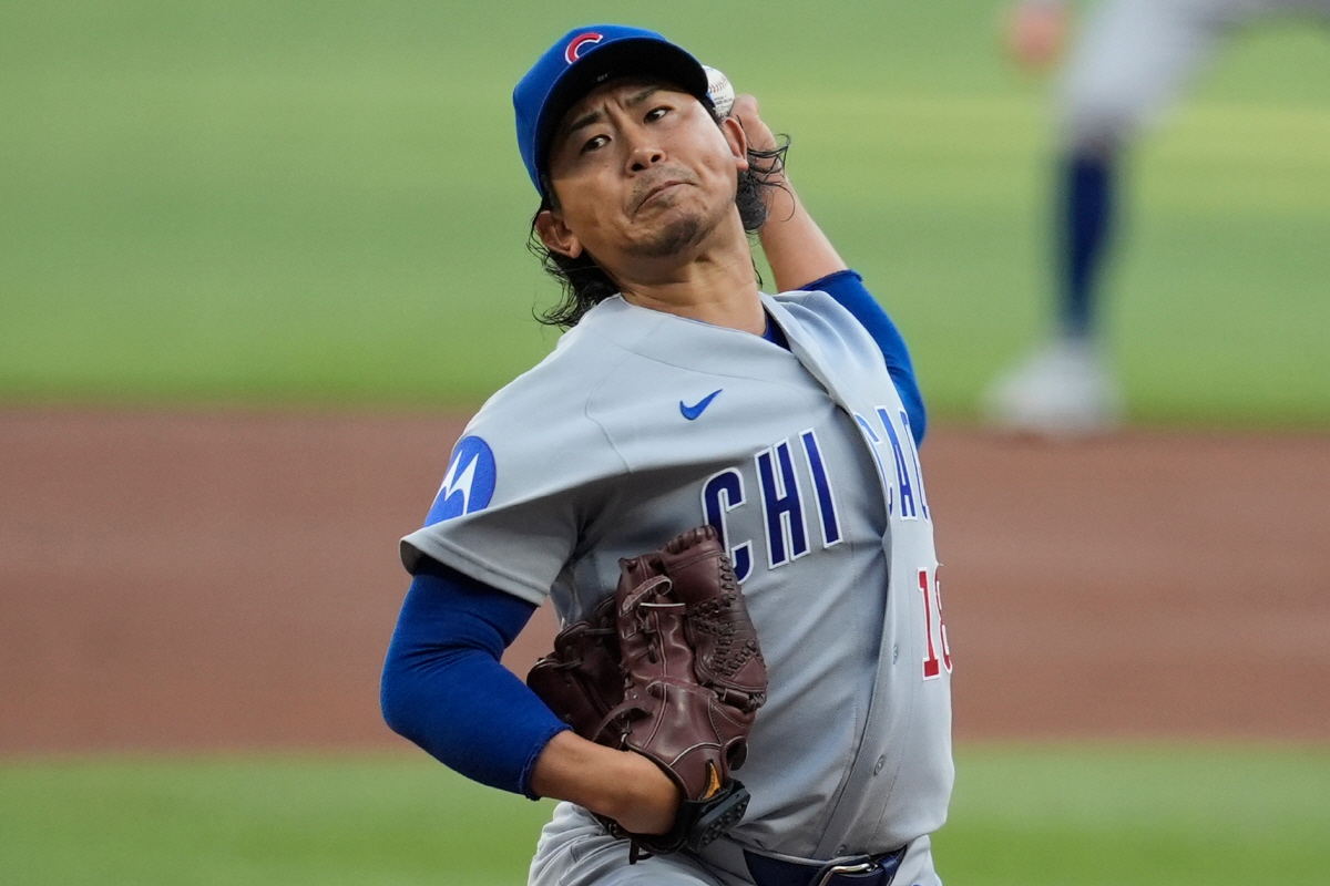 Chicago Cubs pitcher Shota Imanaga, of Japan, works on the mound against the Atlanta Braves in the first inning of a baseball game, Wednesday, May 13, 2026, in Atlanta. (AP Photo/Mike Stewart)