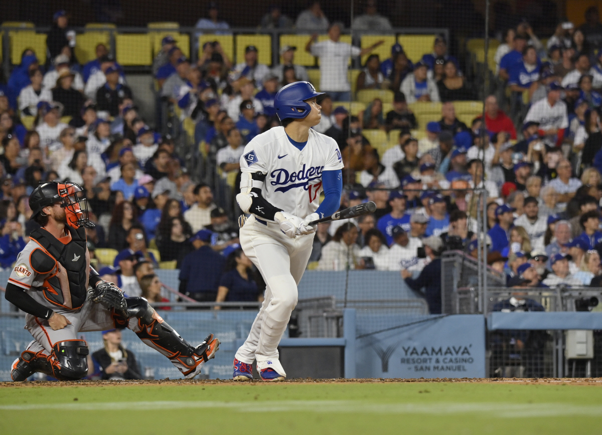Los Angeles Dodgers designated hitter Shohei Ohtani hits a solo home run in the third inning off San Francisco Giants starting pitcher Adrian Houser at Dodger Stadium in Los Angeles on Tuesday, May 12, 2026. Photo by Jim Ruymen/UPI