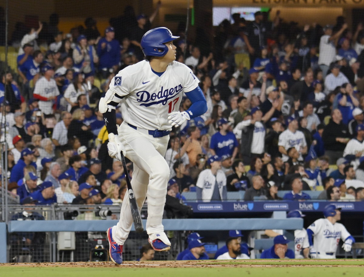 Los Angeles Dodgers designated hitter Shohei Ohtani hits a solo home run in the third inning off San Francisco Giants starting pitcher Adrian Houser at Dodger Stadium in Los Angeles on Tuesday, May 12, 2026. Photo by Jim Ruymen/UPI