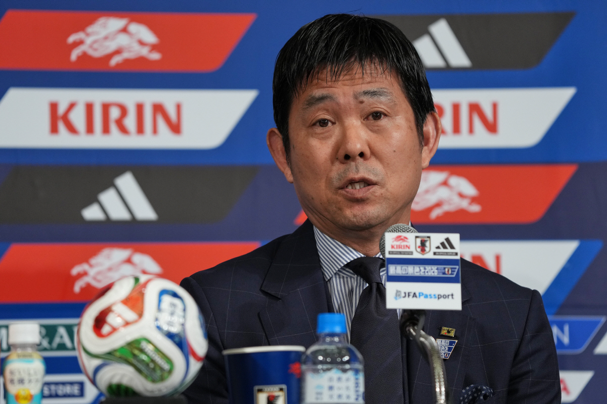 Hajime Moriyasu, head coach of Japan's national soccer team, speaks during a news conference announcing Japan's squad for the 2026 FIFA World Cup Friday, May 15, 2026, in Tokyo. (AP Photo/Eugene Hoshiko)