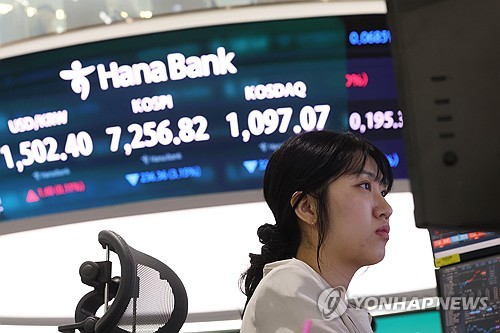 (서울=연합뉴스) 이지은 기자 = 18일 서울 중구 하나은행 딜링룸에서 직원이 업무를 보고 있다. 이날 코스피는 전 거래일 대비 49.89포인트(0.67%) 내린 7,443.29에, 코스닥지수는 7.25포인트(0.64%) 내린 1,122.57에 개장했다. 2026.5.18 jieunlee@yna.co.kr